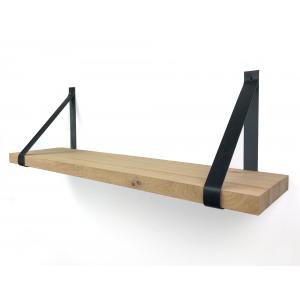 Eiken wandplank massief recht 100 x 30 cm inclusief leren riemen zwart