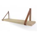 Eiken wandplank massief recht 60 x 25 cm inclusief leren riemen bruin